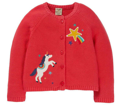 pink organic cotton knitted cardigan for babies and children with a unicorn and shooting star appliques either side of the cardi, and fully buttoned down the front from frug