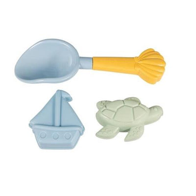 child's blue beach sand pit set with shovel and moulds by little dutch 