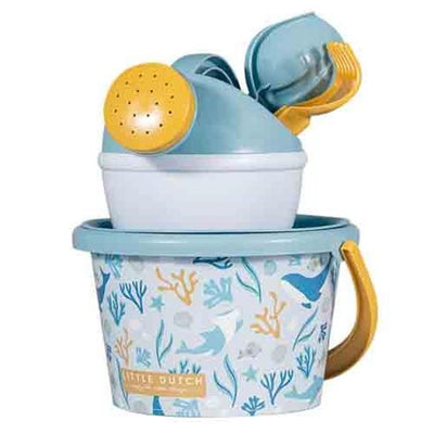 childs blue beach bucket with watering can and spade from little dutch