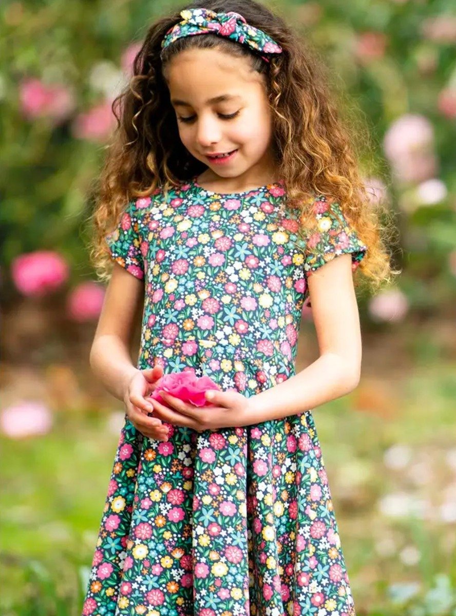 Frugi Spring Skater Dress - Indigo Kernow Floral | Pumpkin Brown
