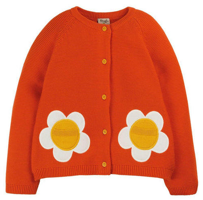 deep orange organic cotton knitted cardigan for babies and children with two cheerful white daisy flower appliques with fun interactive pockets in their centres from frugiFrugi Daisy Patsy Pocket Cardigan