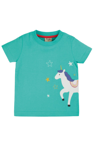 Frugi Avery Applique Top Pacific Aqua Unicorn